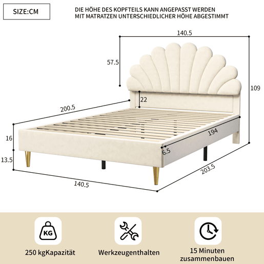 Cama estofada 140x200 cm, estrutura de cama, cama de solteiro, cama de casal, bege Cama estofada 140x200 cm, estrutura de cama, cama de solteiro, cama de casal, bege