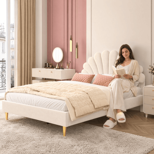 Cama estofada 140x200 cm, estrutura de cama, cama de solteiro, cama de casal, bege Cama estofada 140x200 cm, estrutura de cama, cama de solteiro, cama de casal, bege