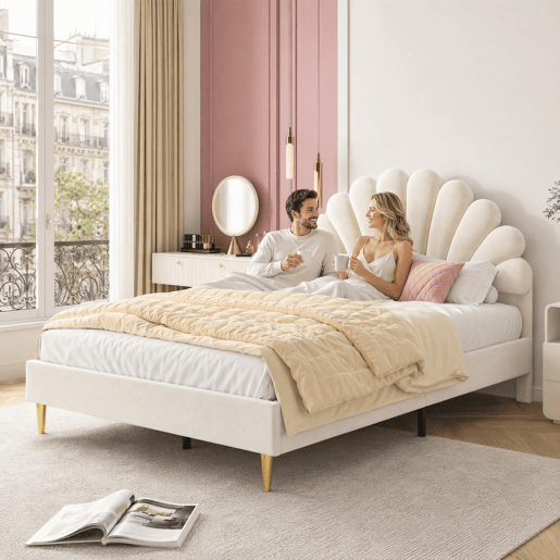 Cama estofada 140x200 cm, estrutura de cama, cama de solteiro, cama de casal, bege Cama estofada 140x200 cm, estrutura de cama, cama de solteiro, cama de casal, bege