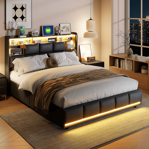 Cama 140x200cm, USB, Cama jovem, Cama de casal, LED, PU Cama 140x200cm, USB, Cama jovem, Cama de casal, LED, PU