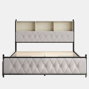 Cama 140x200cm, 4 gavetas, LED, USB, Tipo-C, Cama de gaveta,Veludo,Bege