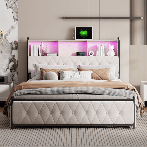 Cama 140x200cm, 4 gavetas, LED, USB, Tipo-C, Cama de gaveta,Veludo,Bege