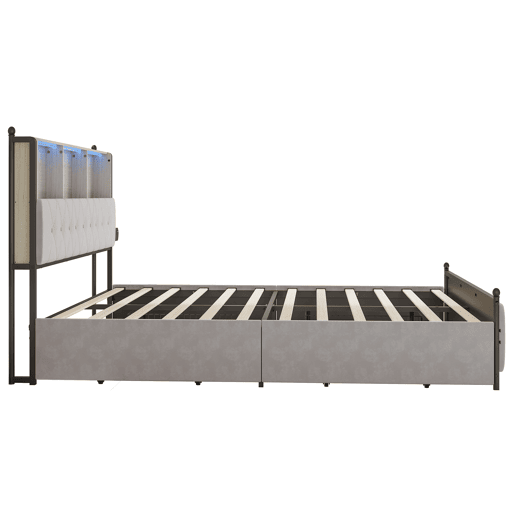 Cama 140x200cm, 4 gavetas, LED, USB, Tipo-C, Cama de gaveta,Veludo,Bege
