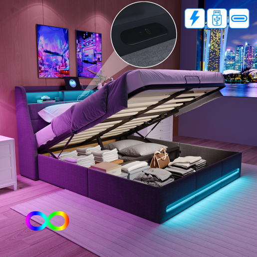 Cama 140x190cm, Cama Jovem, Cama Individual, LED, USB, Cama de Arrumação, Cinza Cama 140x190cm, Cama Jovem, Cama Individual, LED, USB, Cama de Arrumação, Cinza