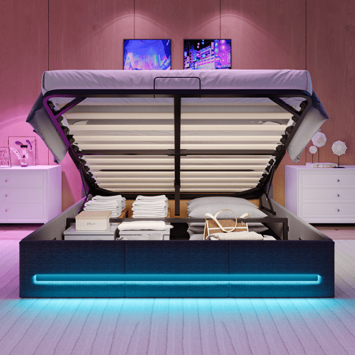 Cama 140x190cm, Cama Jovem, Cama Individual, LED, USB, Cama de Arrumação, Cinza Cama 140x190cm, Cama Jovem, Cama Individual, LED, USB, Cama de Arrumação, Cinza
