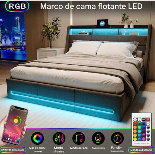 Cama 140x190cm, Cama Jovem, Cama Individual, LED, USB, Cama de Arrumação, Cinza Cama 140x190cm, Cama Jovem, Cama Individual, LED, USB, Cama de Arrumação, Cinza