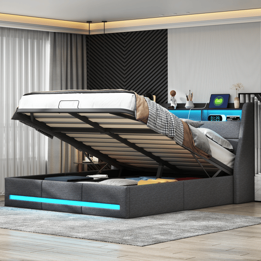 Cama 140x190cm, Cama Jovem, Cama Individual, LED, USB, Cama de Arrumação, Cinza Cama 140x190cm, Cama Jovem, Cama Individual, LED, USB, Cama de Arrumação, Cinza