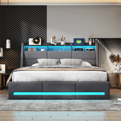 Cama 140x190cm, Cama Jovem, Cama Individual, LED, USB, Cama de Arrumação, Cinza Cama 140x190cm, Cama Jovem, Cama Individual, LED, USB, Cama de Arrumação, Cinza