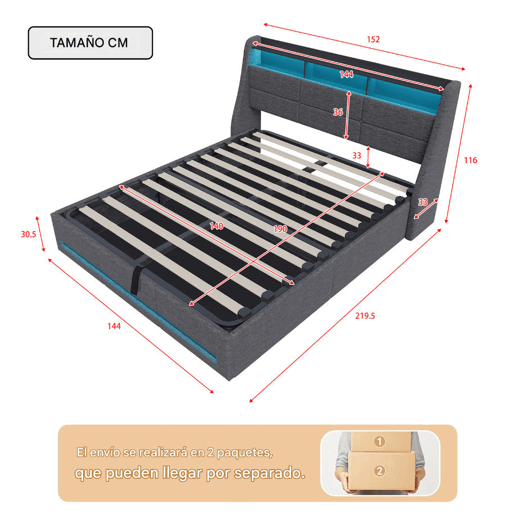 Cama 140x190cm, Cama Jovem, Cama Individual, LED, USB, Cama de Arrumação, Cinza Cama 140x190cm, Cama Jovem, Cama Individual, LED, USB, Cama de Arrumação, Cinza