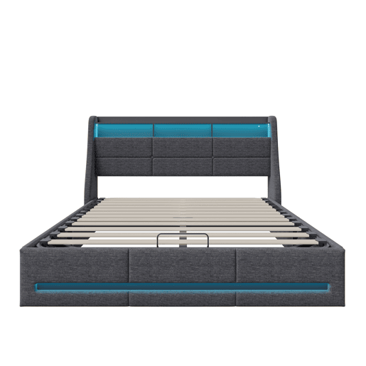 Cama 140x190cm, Cama Jovem, Cama Individual, LED, USB, Cama de Arrumação, Cinza Cama 140x190cm, Cama Jovem, Cama Individual, LED, USB, Cama de Arrumação, Cinza