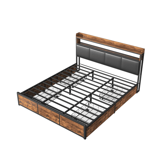 Cama 160x200cm, cama metálica, 4 gavetas, LED, cama jovem, suporte de arrumação, estrutura de cama de casal, cama de arrumação Cama 160x200cm, cama metálica, 4 gavetas, LED, cama jovem, suporte de arrumação, estrutura de cama de casal, cama de arrumação
