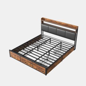 Cama 160x200cm, cama metálica, 4 gavetas, LED, cama jovem, suporte de arrumação, estrutura de cama de casal, cama de arrumação