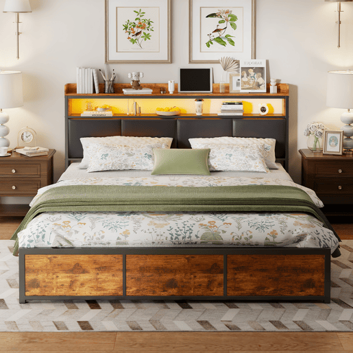 Cama 160x200cm, cama metálica, 4 gavetas, LED, cama jovem, suporte de arrumação, estrutura de cama de casal, cama de arrumação Cama 160x200cm, cama metálica, 4 gavetas, LED, cama jovem, suporte de arrumação, estrutura de cama de casal, cama de arrumação