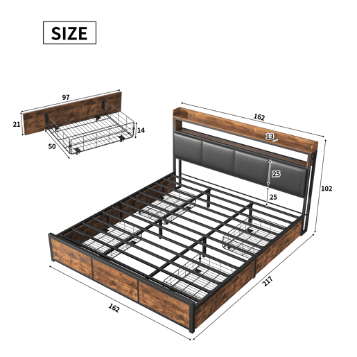 Cama 160x200cm, cama metálica, 4 gavetas, LED, cama jovem, suporte de arrumação, estrutura de cama de casal, cama de arrumação Cama 160x200cm, cama metálica, 4 gavetas, LED, cama jovem, suporte de arrumação, estrutura de cama de casal, cama de arrumação