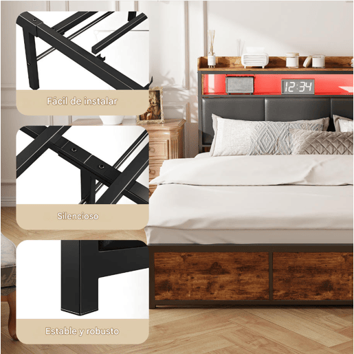 Cama 160x200cm, cama metálica, 4 gavetas, LED, cama jovem, suporte de arrumação, estrutura de cama de casal, cama de arrumação Cama 160x200cm, cama metálica, 4 gavetas, LED, cama jovem, suporte de arrumação, estrutura de cama de casal, cama de arrumação