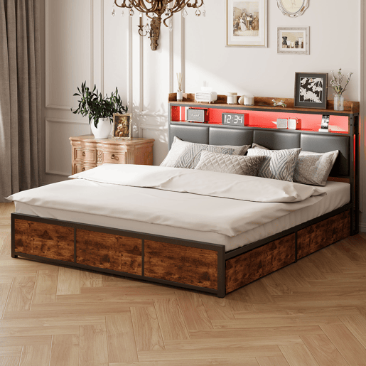 Cama 160x200cm, cama metálica, 4 gavetas, LED, cama jovem, suporte de arrumação, estrutura de cama de casal, cama de arrumação Cama 160x200cm, cama metálica, 4 gavetas, LED, cama jovem, suporte de arrumação, estrutura de cama de casal, cama de arrumação