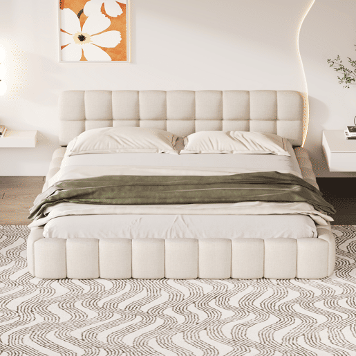 Cama 160 x 200 cm, cama jovem, cama de casal, cama plana, linho, bege