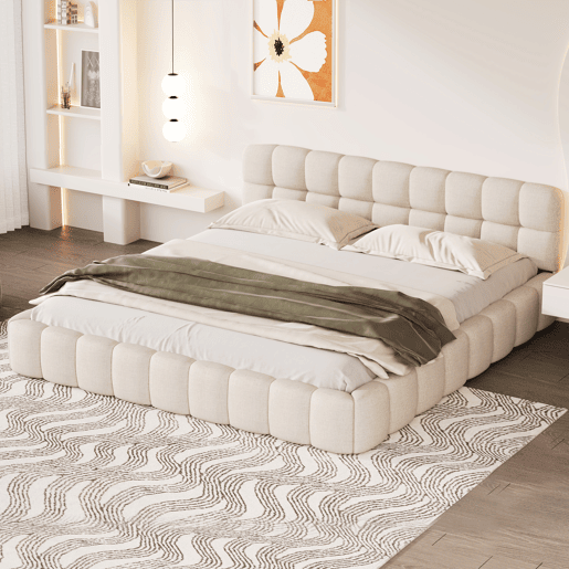 Cama 160 x 200 cm, cama jovem, cama de casal, cama plana, linho, bege