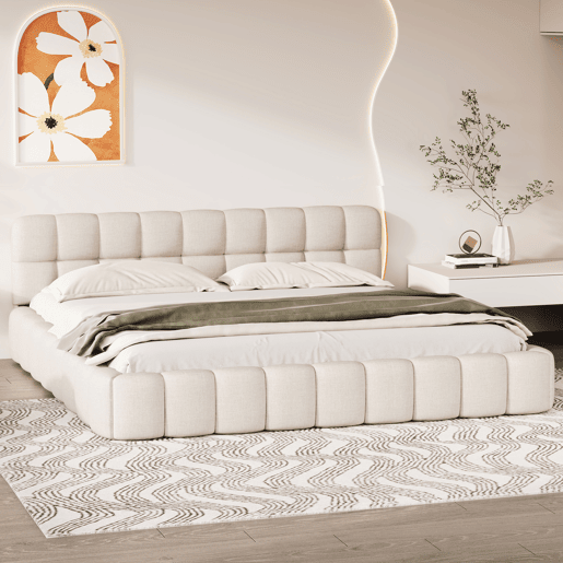 Cama 160 x 200 cm, cama jovem, cama de casal, cama plana, linho, bege