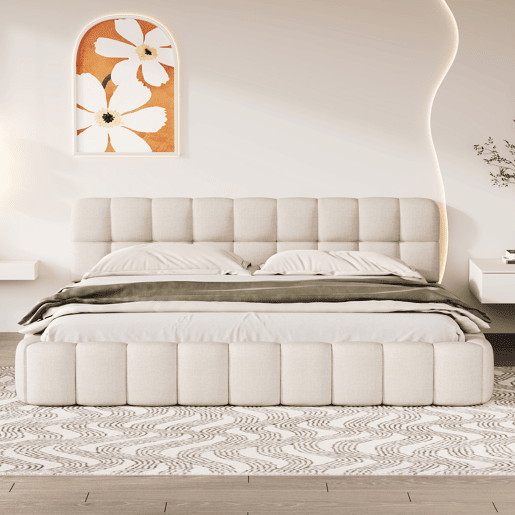 Cama 160 x 200 cm, cama jovem, cama de casal, cama plana, linho, bege