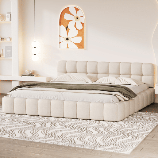 Cama 160 x 200 cm, cama jovem, cama de casal, cama plana, linho, bege