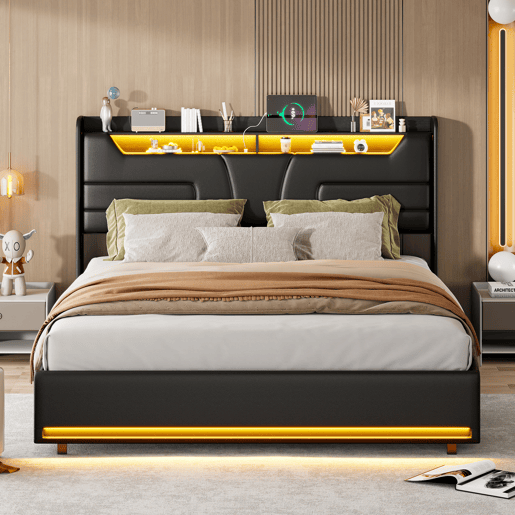 Cama 140x200cm, cama de casal, LED, USB