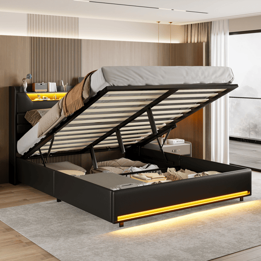 Cama 140x200cm, cama de casal, LED, USB