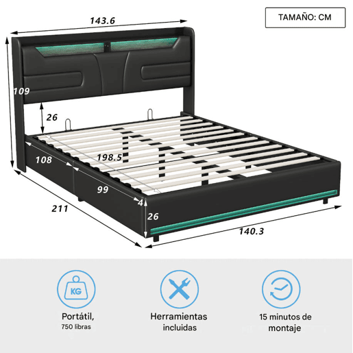 Cama 140x200cm, cama de casal, LED, USB