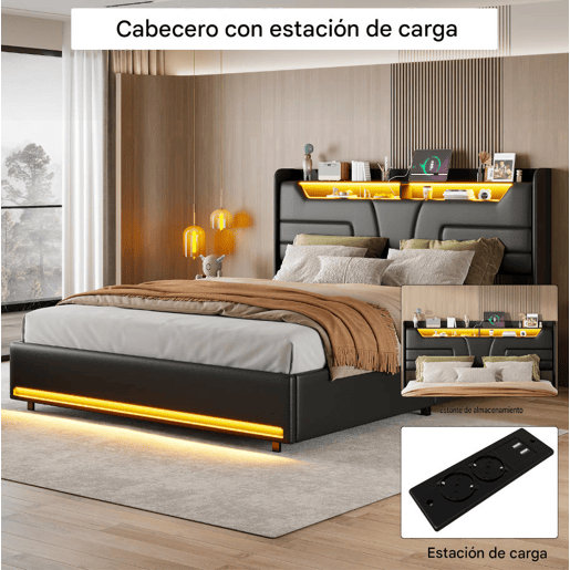 Cama 140x200cm, cama de casal, LED, USB