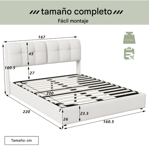 Cama 160x200cm, LED, cama de casal, cor bege Cama 160x200cm, LED, cama de casal, cor bege