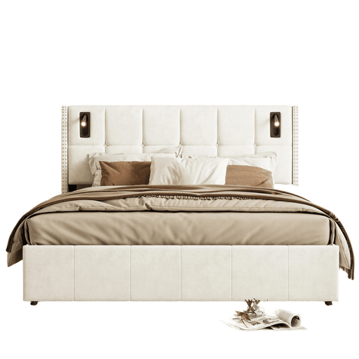 Cama hidráulica 160x200 cm com estrado de ripas, arrumação, USB e luz de leitura Cama hidráulica 160x200 cm com estrado de ripas, arrumação, USB e luz de leitura