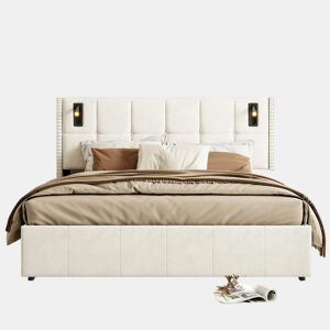Cama hidráulica 160x200 cm com estrado de ripas, arrumação, USB e luz de leitura