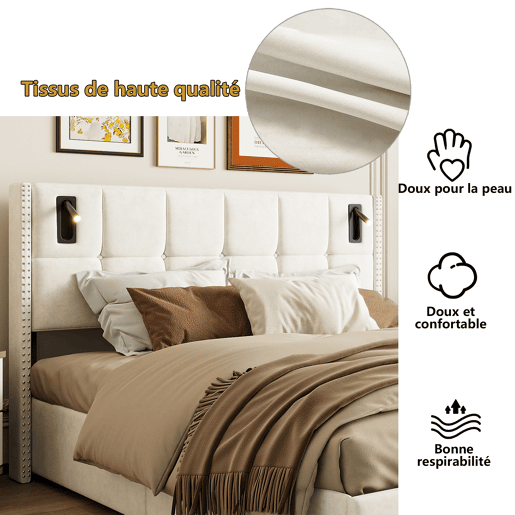 Cama hidráulica 160x200 cm com estrado de ripas, arrumação, USB e luz de leitura Cama hidráulica 160x200 cm com estrado de ripas, arrumação, USB e luz de leitura