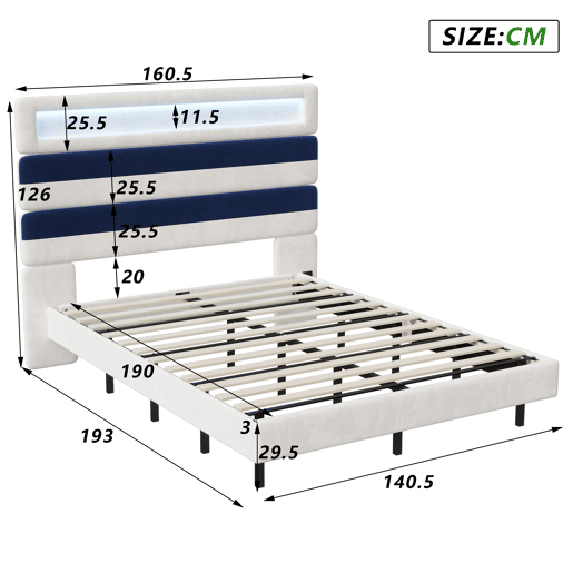 Cama 140x190cm, USB, LED, Cama jovem, Cama individual Cama 140x190cm, USB, LED, Cama jovem, Cama individual
