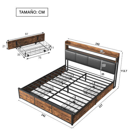 Cama 140x200cm, cama metálica, 4 gavetas, LED, cama jovem, suporte de arrumação, estrutura de cama de casal, cama de arrumação Cama 140x200cm, cama metálica, 4 gavetas, LED, cama jovem, suporte de arrumação, estrutura de cama de casal, cama de arrumação