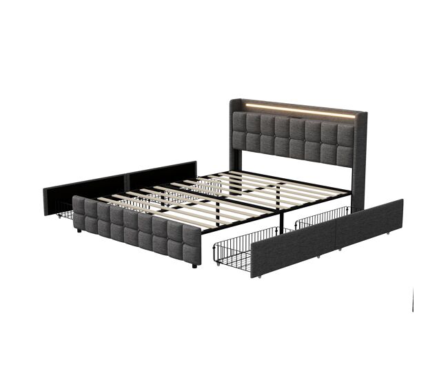 Cama 160x200cm, usb, led, 4 cajones, cama de matrimonio