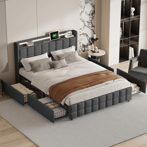 Cama 160x200cm,USB,LED,4 gavetas,cama de casal