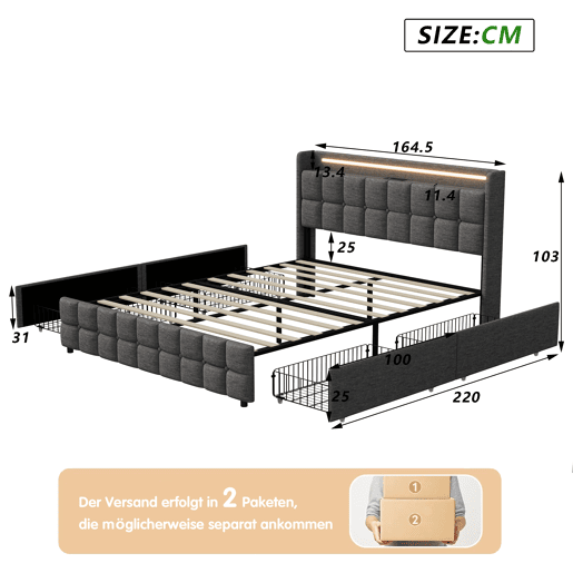 Cama 160x200cm,USB,LED,4 gavetas,cama de casal