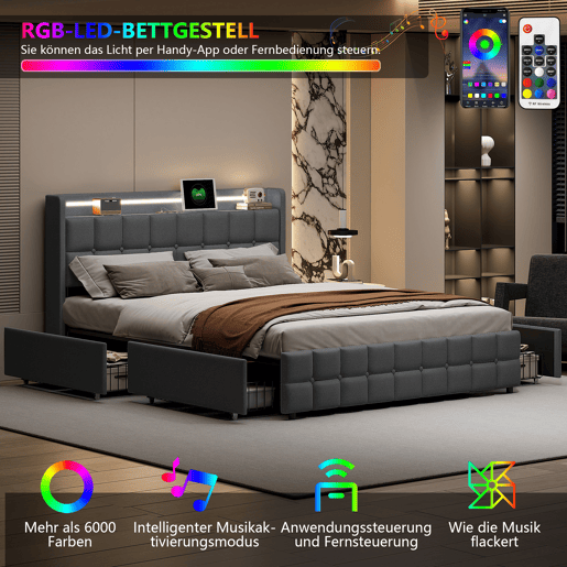 Cama 160x200cm,USB,LED,4 gavetas,cama de casal