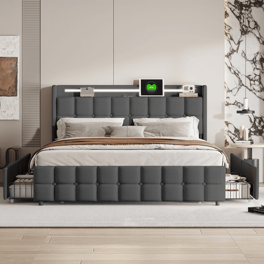 Cama 160x200cm,USB,LED,4 gavetas,cama de casal