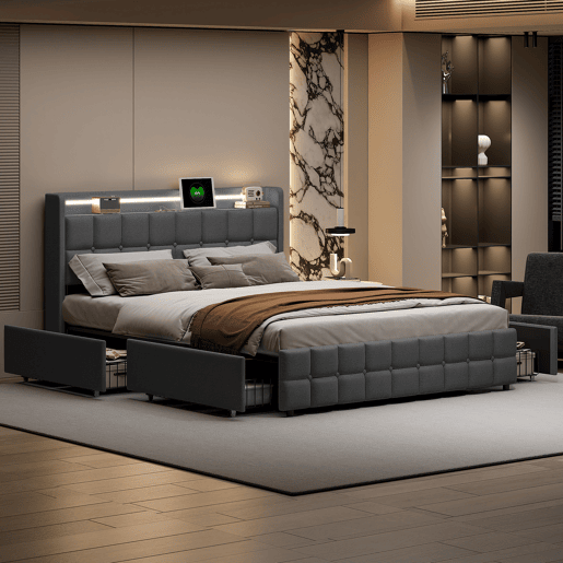Cama 160x200cm,USB,LED,4 gavetas,cama de casal