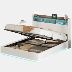 Cama 160x200cm, cama jovem, LED, USB, cama de casal, cama com caixa de arrumação, cama metálica