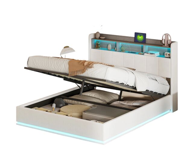 Cama 160x200cm, cama juvenil, led, usb, cama doble, cama con canapé, cama de metal