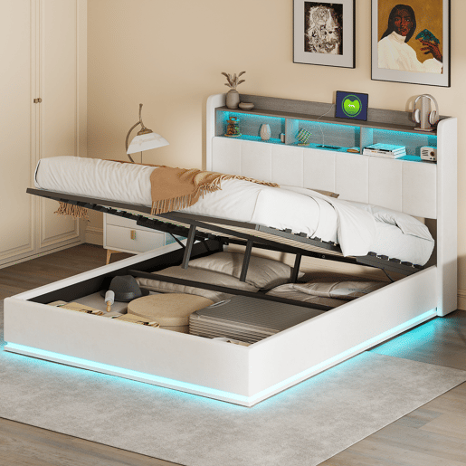 Cama 160x200cm, cama jovem, LED, USB, cama de casal, cama com caixa de arrumação, cama metálica Cama 160x200cm, cama jovem, LED, USB, cama de casal, cama com caixa de arrumação, cama metálica