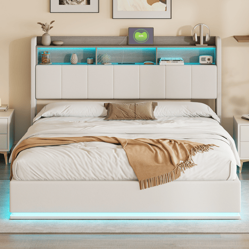 Cama 160x200cm, cama jovem, LED, USB, cama de casal, cama com caixa de arrumação, cama metálica Cama 160x200cm, cama jovem, LED, USB, cama de casal, cama com caixa de arrumação, cama metálica