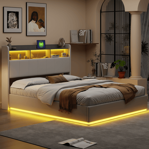 Cama 160x200cm, cama jovem, LED, USB, cama de casal, cama com caixa de arrumação, cama metálica Cama 160x200cm, cama jovem, LED, USB, cama de casal, cama com caixa de arrumação, cama metálica