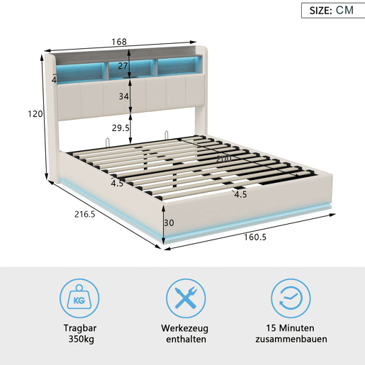 Cama 160x200cm, cama jovem, LED, USB, cama de casal, cama com caixa de arrumação, cama metálica Cama 160x200cm, cama jovem, LED, USB, cama de casal, cama com caixa de arrumação, cama metálica
