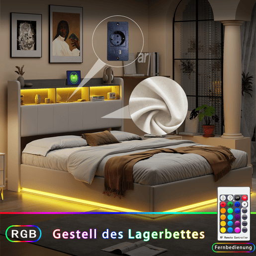 Cama 160x200cm, cama jovem, LED, USB, cama de casal, cama com caixa de arrumação, cama metálica Cama 160x200cm, cama jovem, LED, USB, cama de casal, cama com caixa de arrumação, cama metálica