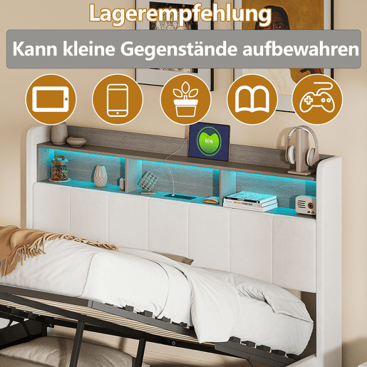 Cama 160x200cm, cama jovem, LED, USB, cama de casal, cama com caixa de arrumação, cama metálica Cama 160x200cm, cama jovem, LED, USB, cama de casal, cama com caixa de arrumação, cama metálica