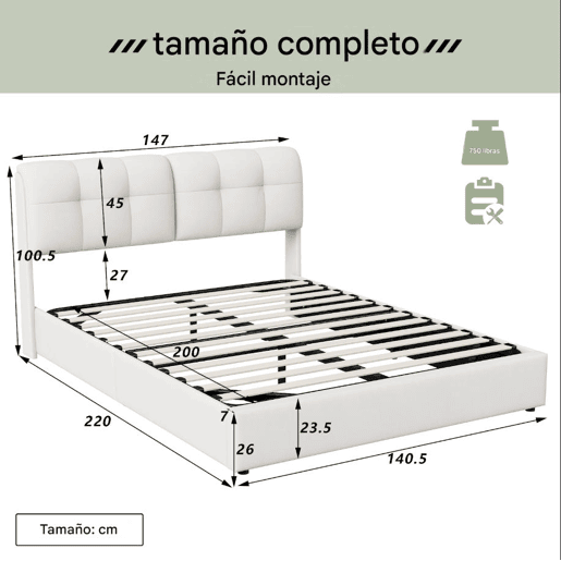 Cama 140x200cm, LED, cama de casal, cor bege Cama 140x200cm, LED, cama de casal, cor bege